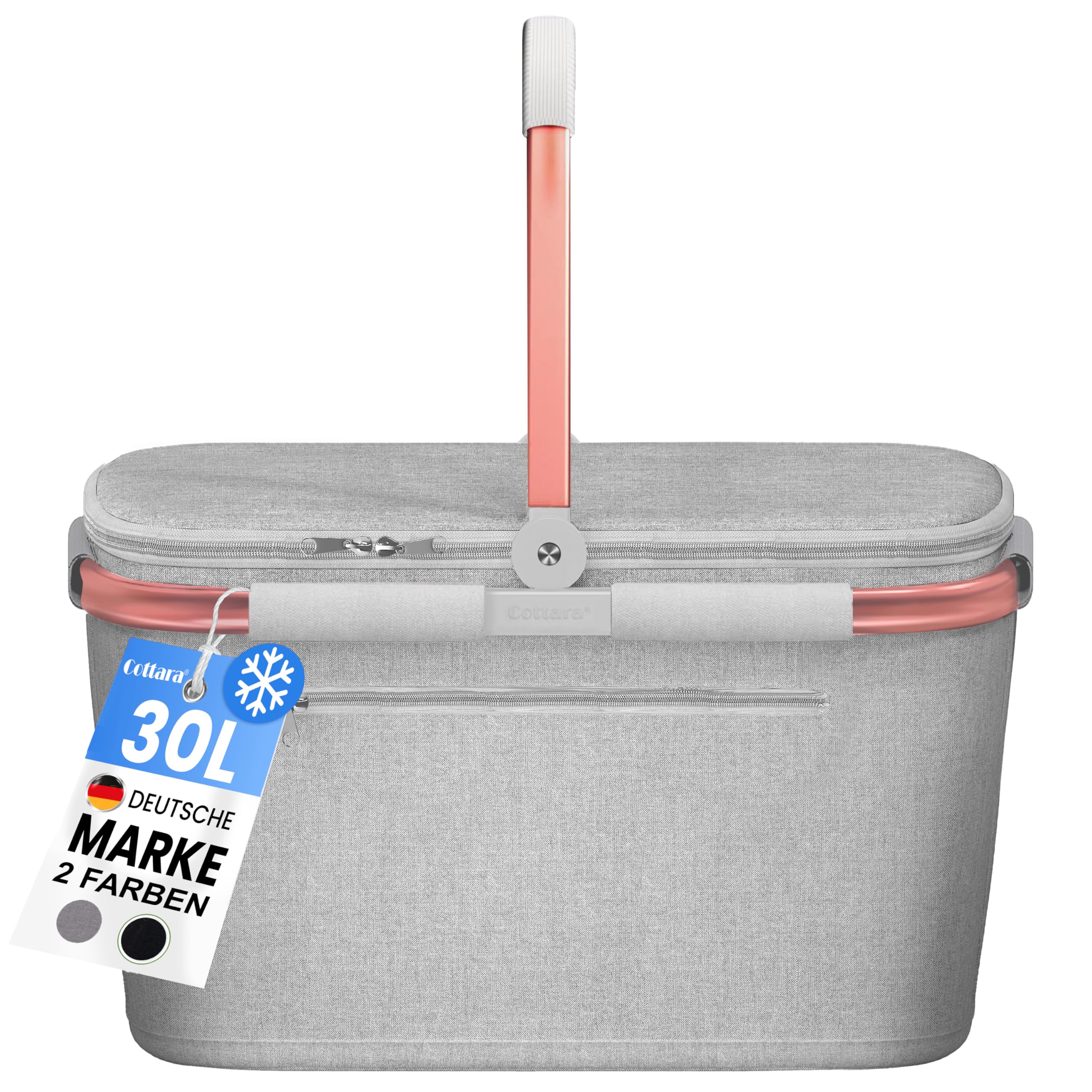 Cottara® Grand panier isotherme avec couvercle, fond renforcé, compartiment avant avec fermeture éclair, idéal comme panier isotherme ou panier de pique-nique (gris clair rose)