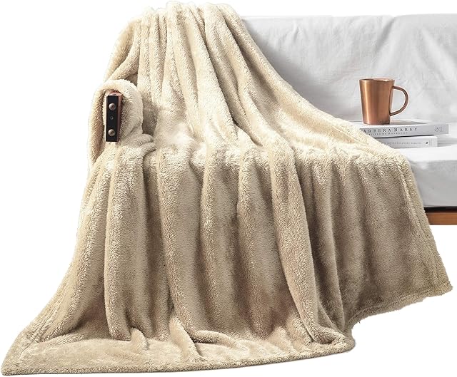 Exclusivo Mezcla Fuzzy Fleece Throw Blanket, 127x178 CM Sofa Throws, Soft Flannel Throws for Sofa, Beige Blanket
