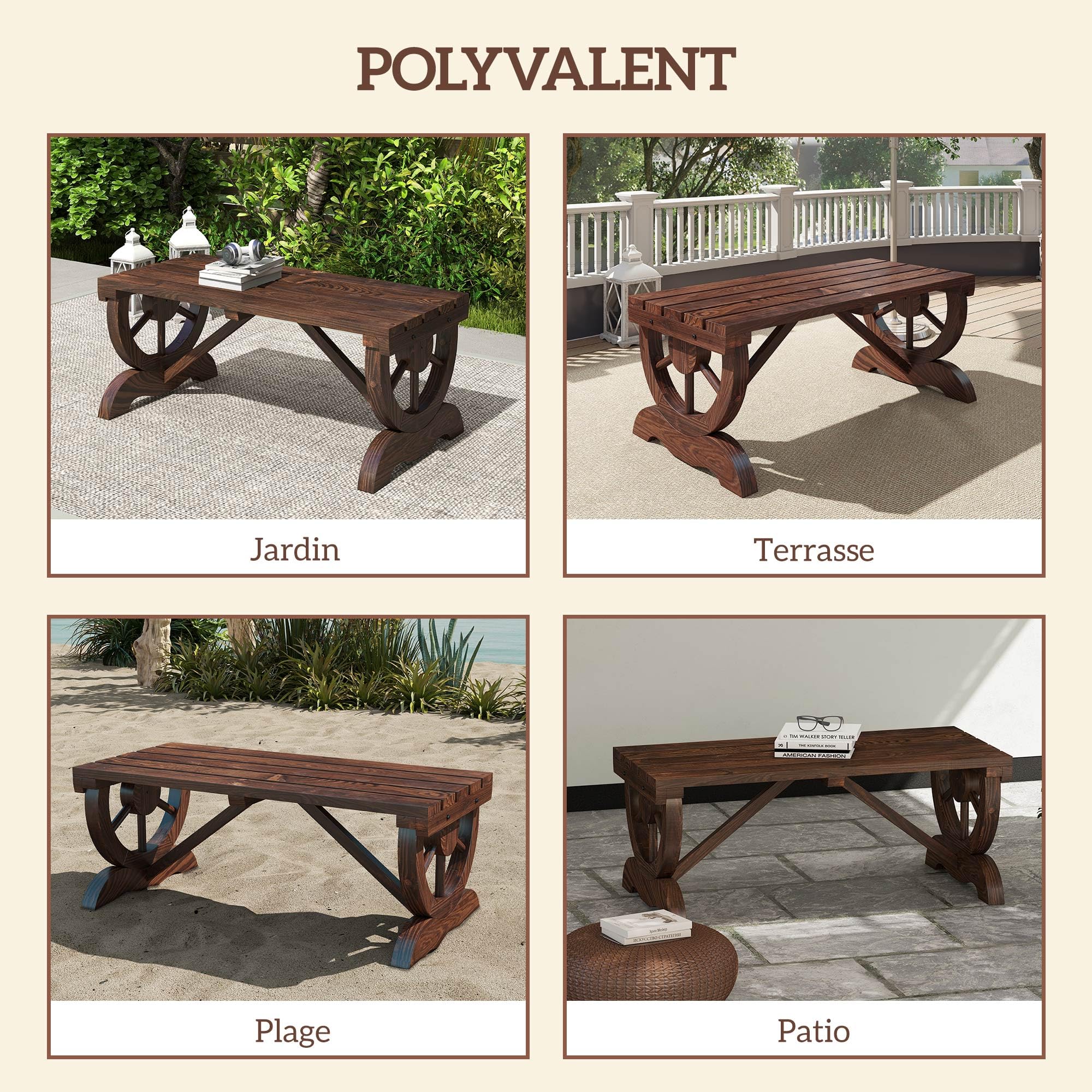 Outsunny Banc de Jardin Banc en Bois avec siège à Lattes, Roue décorative, Banquette de Jardin 2 Places Structure renforcée Stable, pour extérieur Patio terrasse Balcon arrière-Cour, Marron