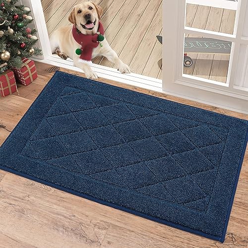 BEQHAUSE Dirt Trapper Door Mat 20" x 32", Doormat Non-Slip Entryway Rugs Washable, Dog Door Mat Stain Resistant and Absorbent Welcome Floor Mat for Front Back Door, Muddy Wet Shoes & Paws, Navy Blue