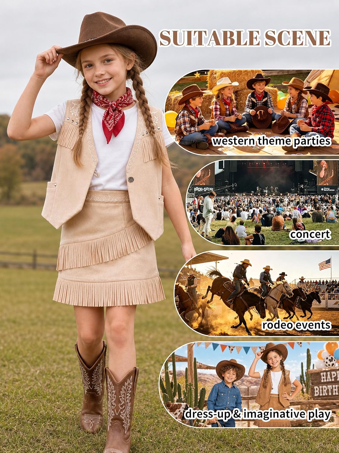 LOLANTA Cowgirl Outfits for Girls, Boho Western Fringe Vest Skirt 2Pcs Set, Kids Suede Tassel Country Concert Rodeo Clothes