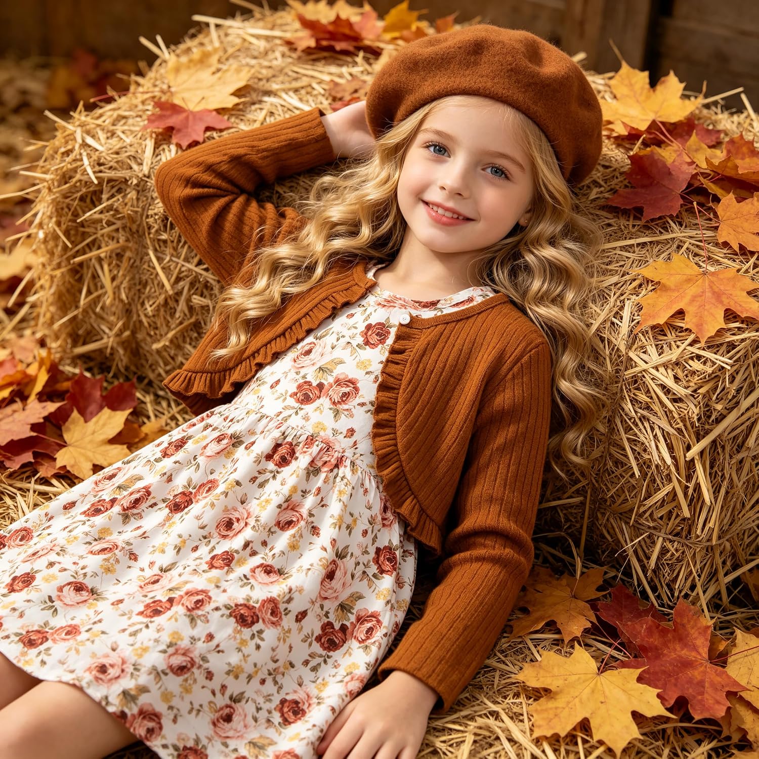 Kid Toddler Girl Fall Dress+Cardigan 2 Piece Floral/Plaid Sleeveless Dress and Cardigan Set 2-14Y