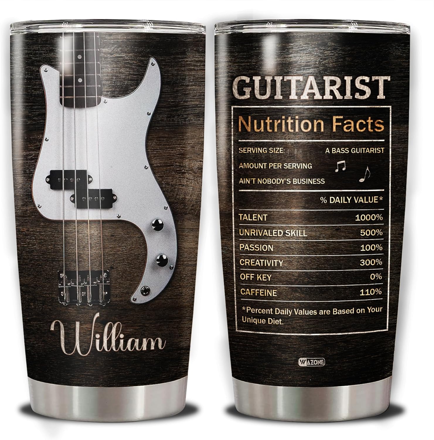 WAZONE Personalized Bass Guitar Insulated Tumbler Cup Custom Name Guitarist Nutrition Facts Travel Mug 20oz 30oz Vacuum Gifts Ideas For Men Band Musician Acoustic Music Teacher Appreciation