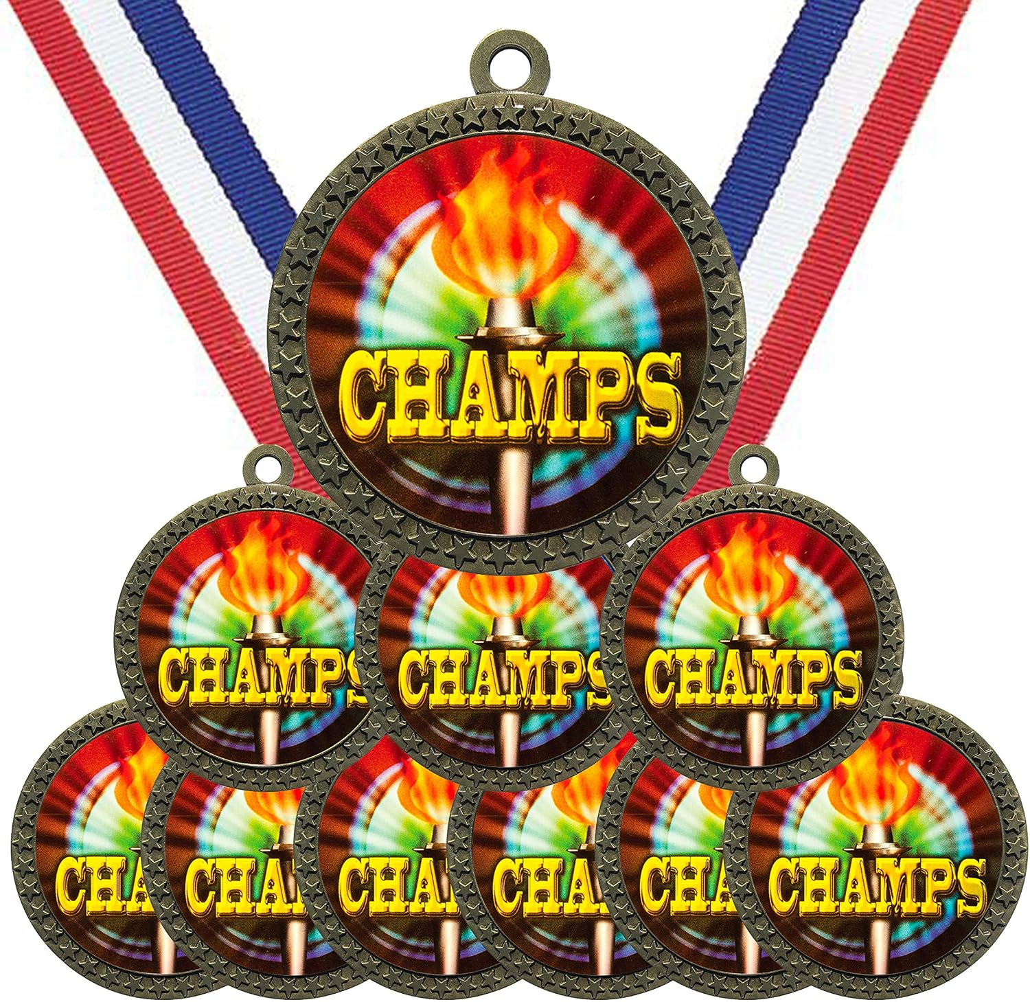 Express Medals Various 10 Pack Styles of Champion Award Medals with Neck Ribbons Trophy Award Prize Gift