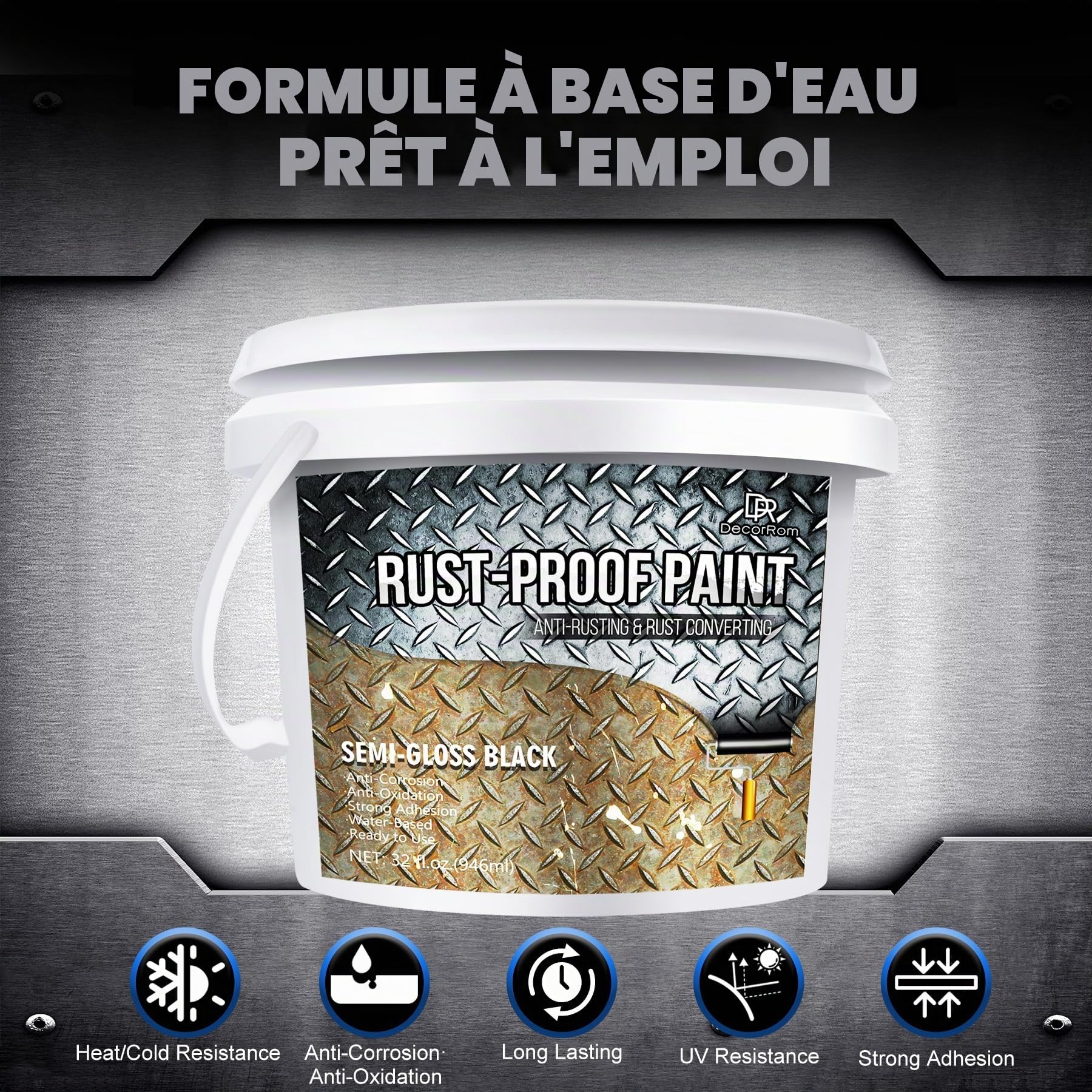 Convertisseur de Rouille 940ml - Peinture Anti-Rouille à Base d'Eau pour Métaux - Transforme la Rouille en Protection Durable - Revêtement Noir Semi-Brillant - Facile à Appliquer - Anti-Corrosion