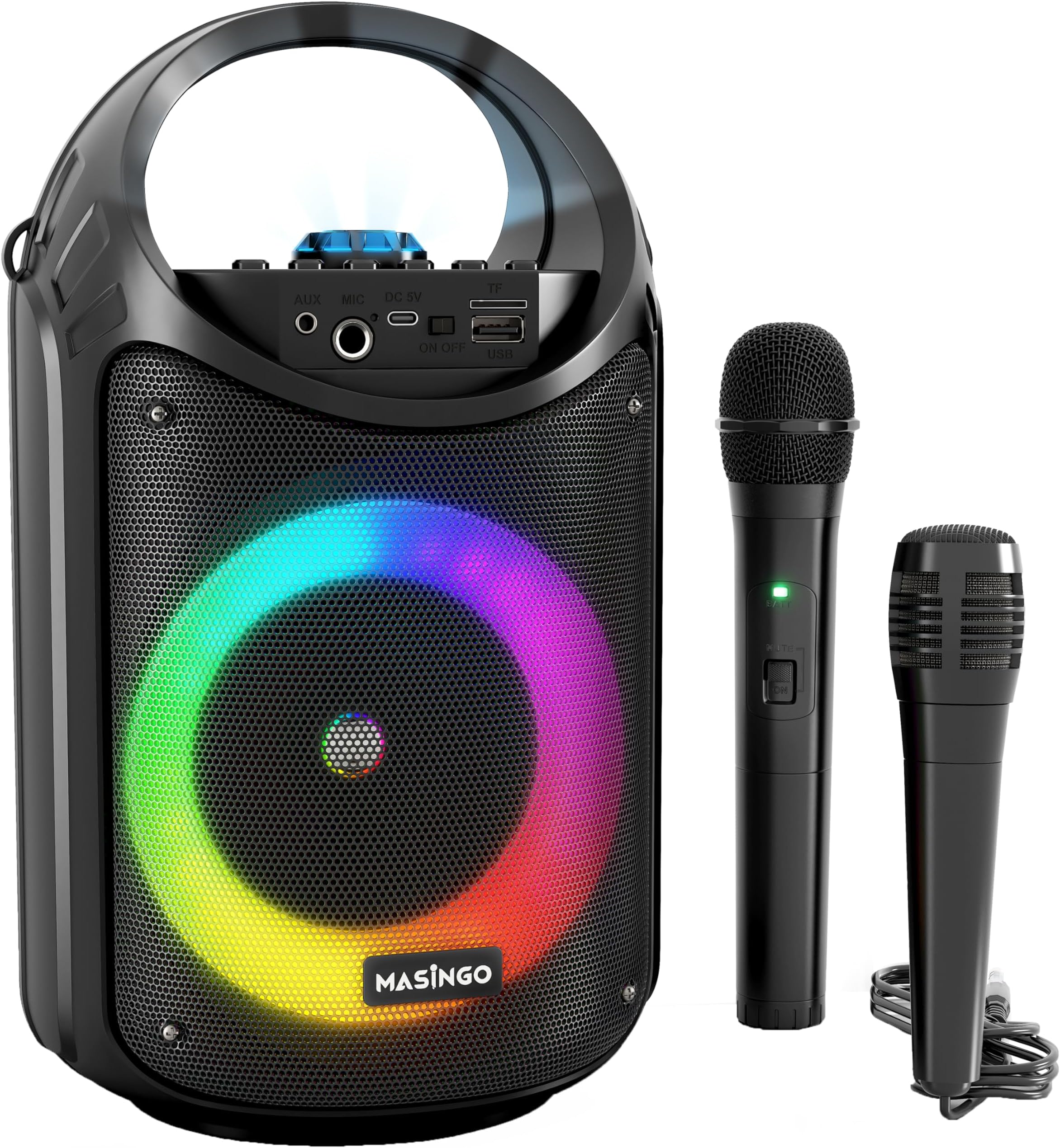 Karaoke Machine for Kids and Adults with 1 Wireless Karaoke Microphone and 1 Wired Mic, PA Portable Speaker with LED Lights, Supports TF Card/USB, AUX/MIC in, TWS for Home Party, Burletta C10