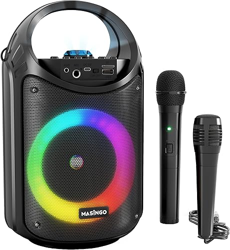 MASINGO Máquina de karaoke para niños y adultos con 1 micrófono inalámbrico de karaoke y 1 micrófono con cable, altavoz portátil PA con luces LED,