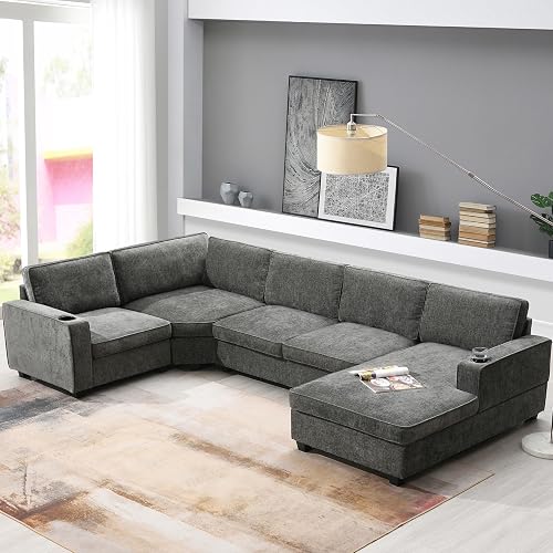 ERYE 119-Inch U-Shaped Sectional Sofa Couch W/Right Facing Chaise Lounge,Comfy Chenille Upholstered Fabric Modular Sofa Couch with Cup Holders for Living Room Sets