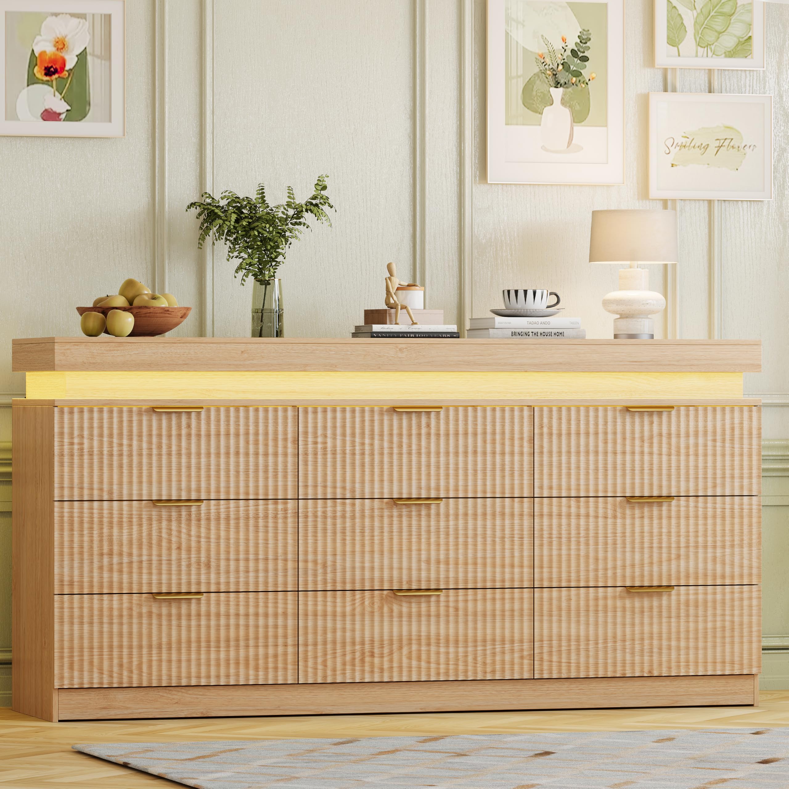 Fluted 9 Drawer Dresser LED Lights &amp; Charging Station, Natural Oak