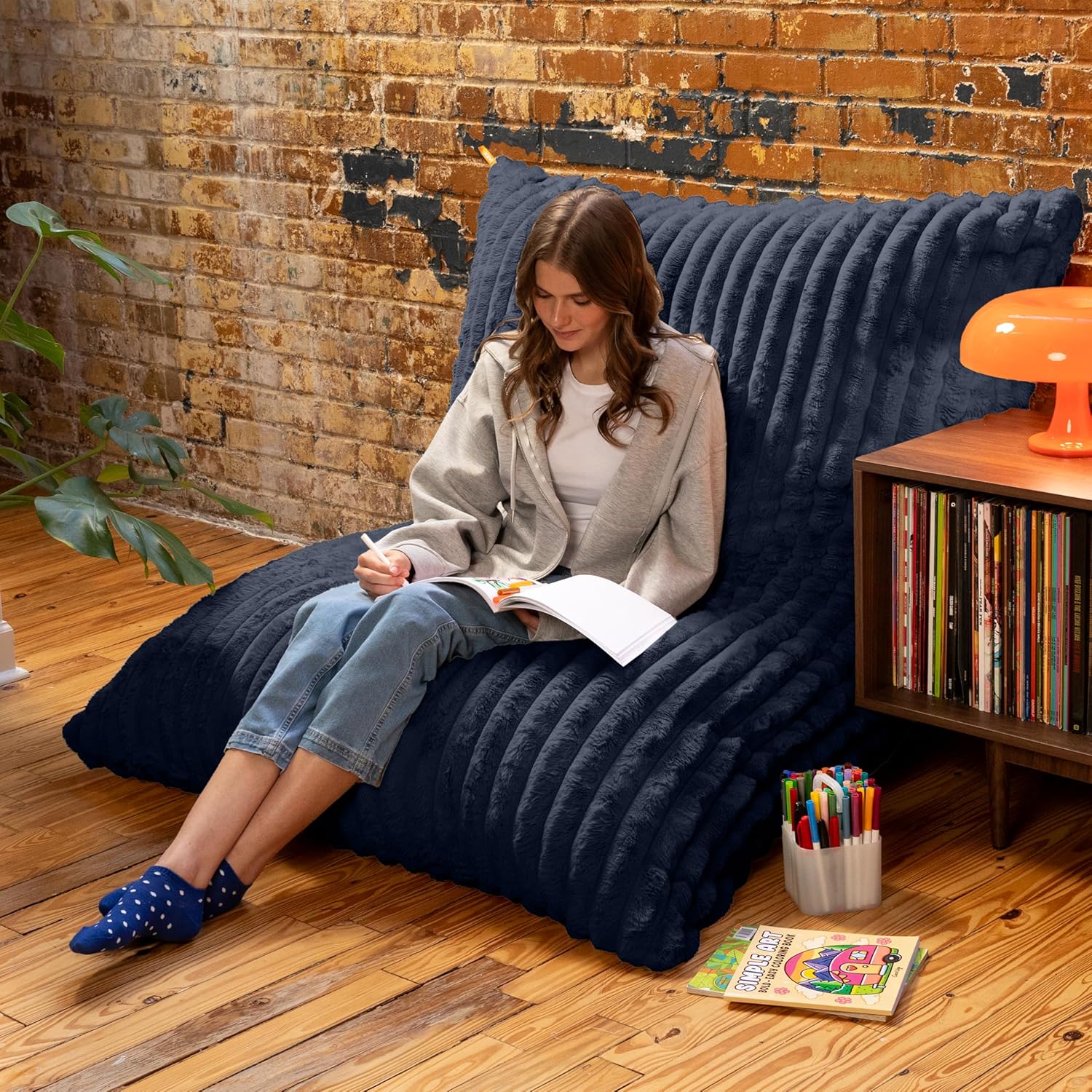 Jaxx Pillow Saxx 5.5-Foot Faux Fur - Luxuriously Soft Bean Bag Floor Pillow and Lounger, Mondo Midnight Blue