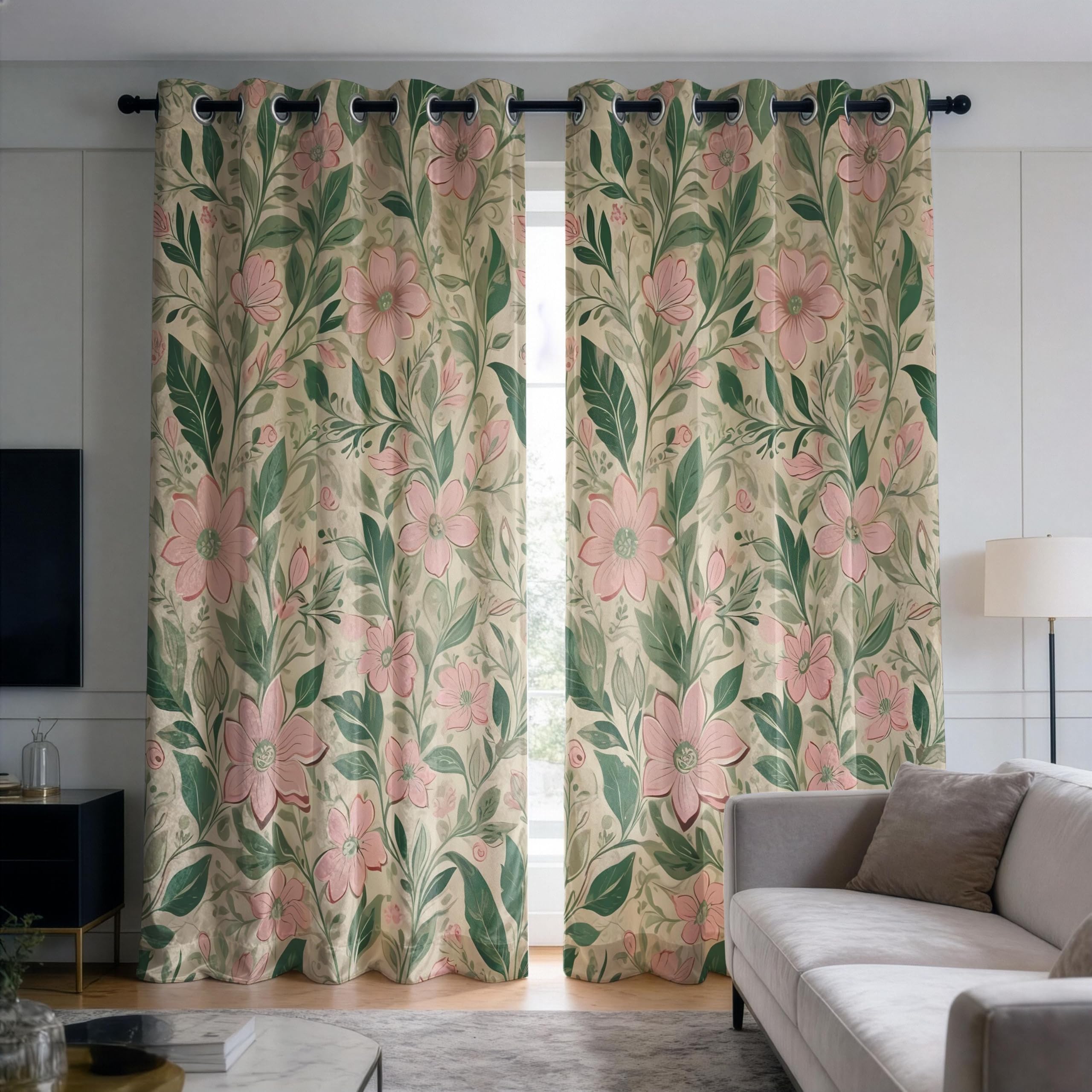 IKDZCM Pink Floral Blackout Curtains for Bedroom, Botanical Drapes Window Panel, Classic Pink Green Floral Drape for Living Room(WxH/2x80x230cm)