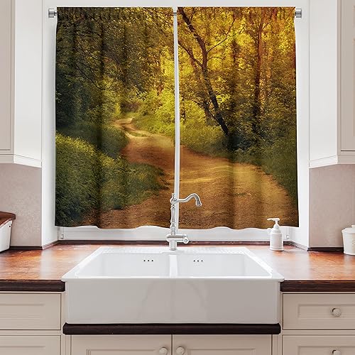 Miniatura 2 de Ambesonne Cortinas de cocina de paisaje, Forest Farm Country Life Road con flores, árboles en bosque, fotos, juego de 2 paneles para decoración