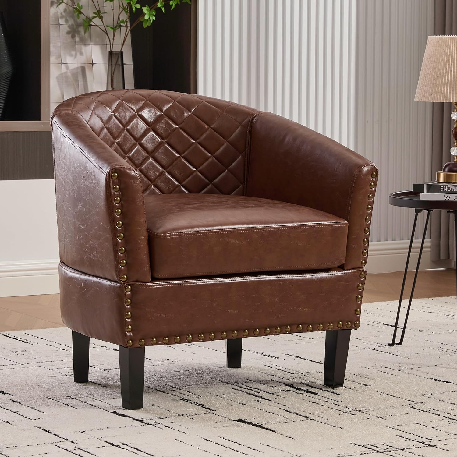 QQU Barrel Accent Chair, Retro PU Leather Club Chair with Nail-Heads, Upholstered Armchair for Living Room, Bedroom, Waiting, Office (Brown)