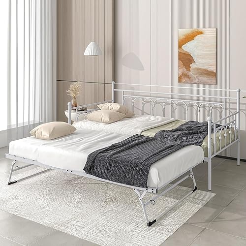Miniatura 8 de Sofá cama individual de metal con nido, elegante cama de día con cama nido, sofá cama individual versátil y juego nido plegable para habitación de