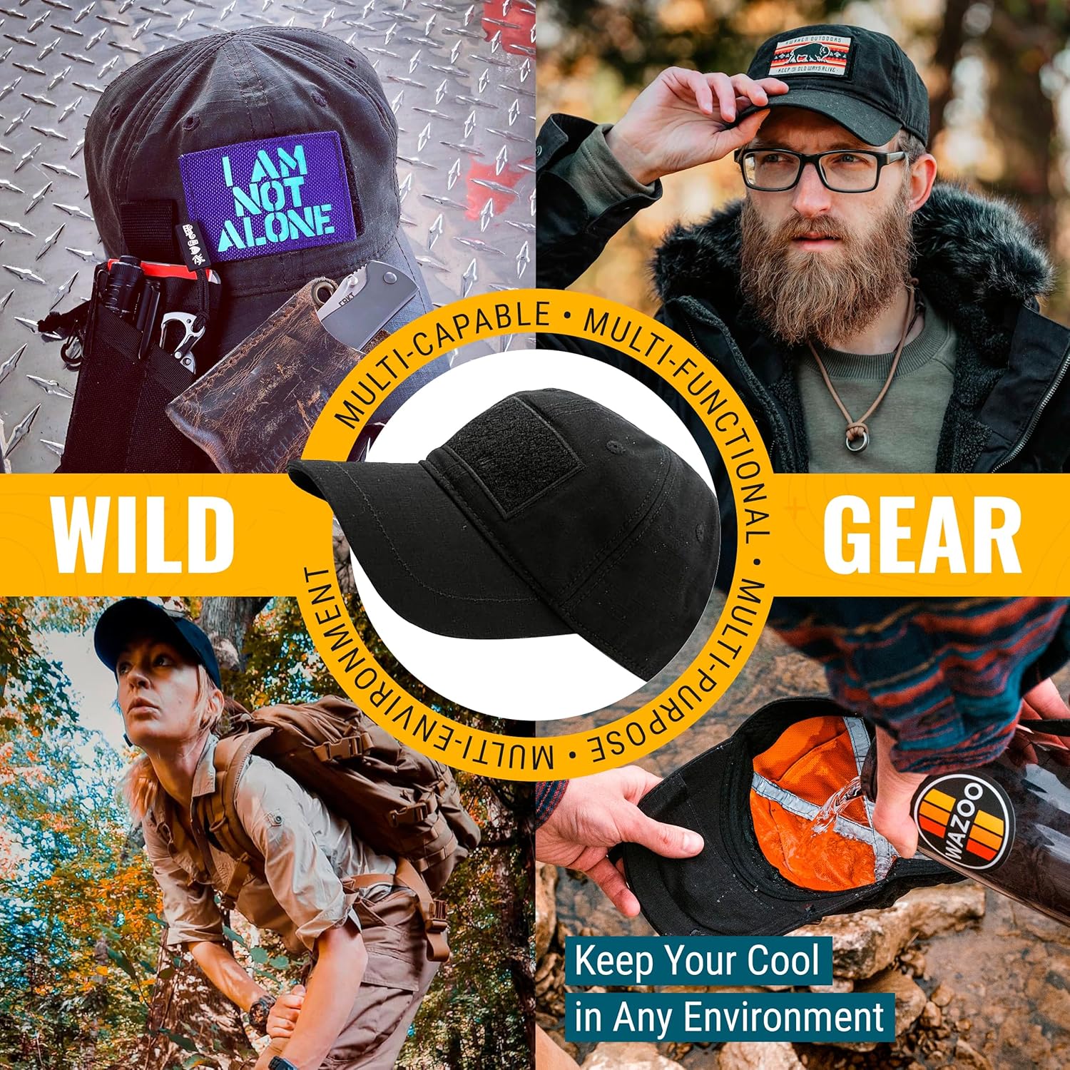 Cache Cap - Everyday Carry, Outdoor, Travel, Survival, and Tactical Caps for Men, 4-in-1 Tactical Hats with 6 Hidden Pockets, Evaporative-Cooling Liner & Anti-Glare Underbrim | Large, Black Patch