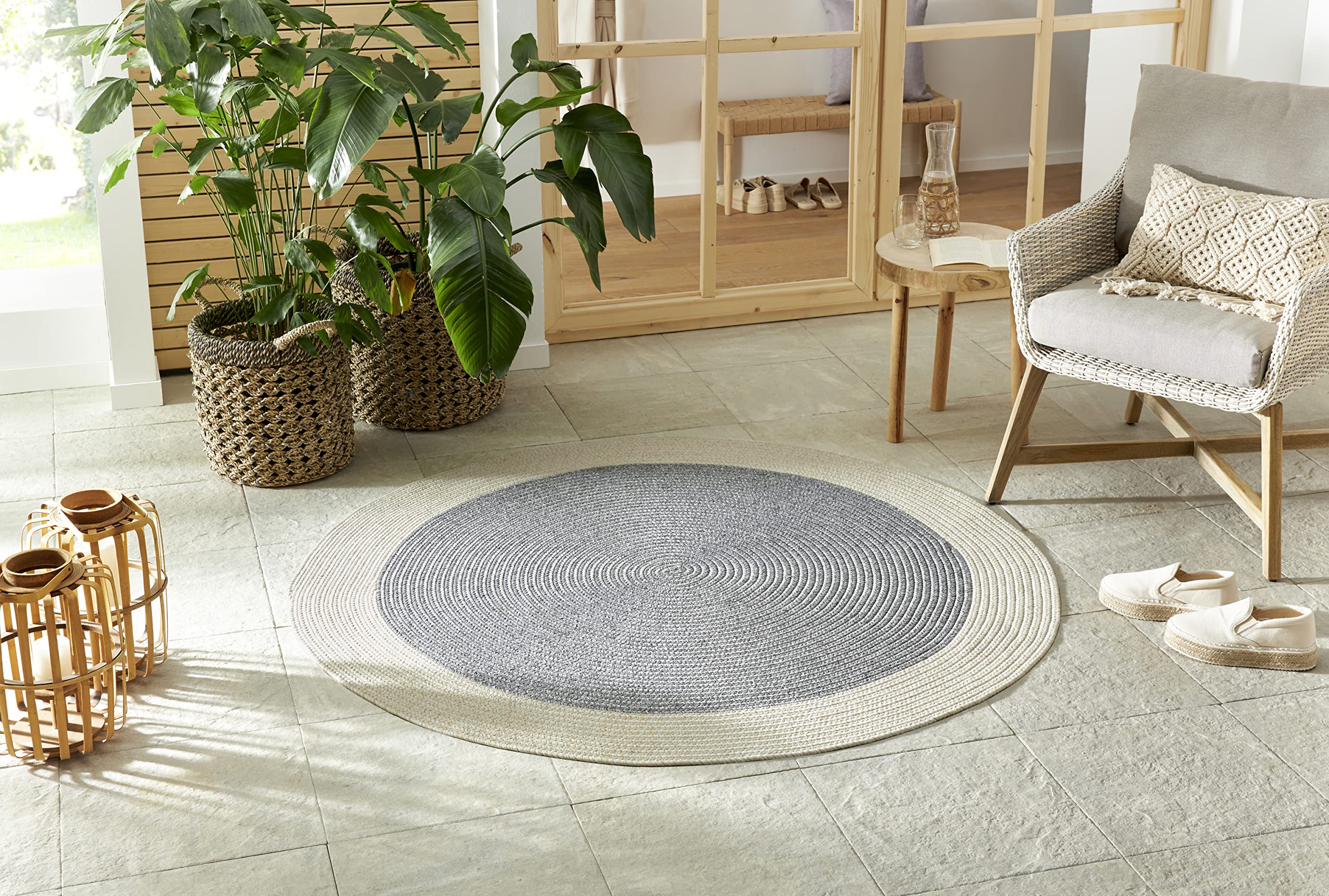 NORTHRUGS Trenzado Indoor & Outdoor Rug Round Weatherproof - Easy Care Handmade Look for Indoor and Outdoor Use Woven Outdoor Rug Runner for Balcony, Patio, Living Room, Garden - Grey Cream, Diameter