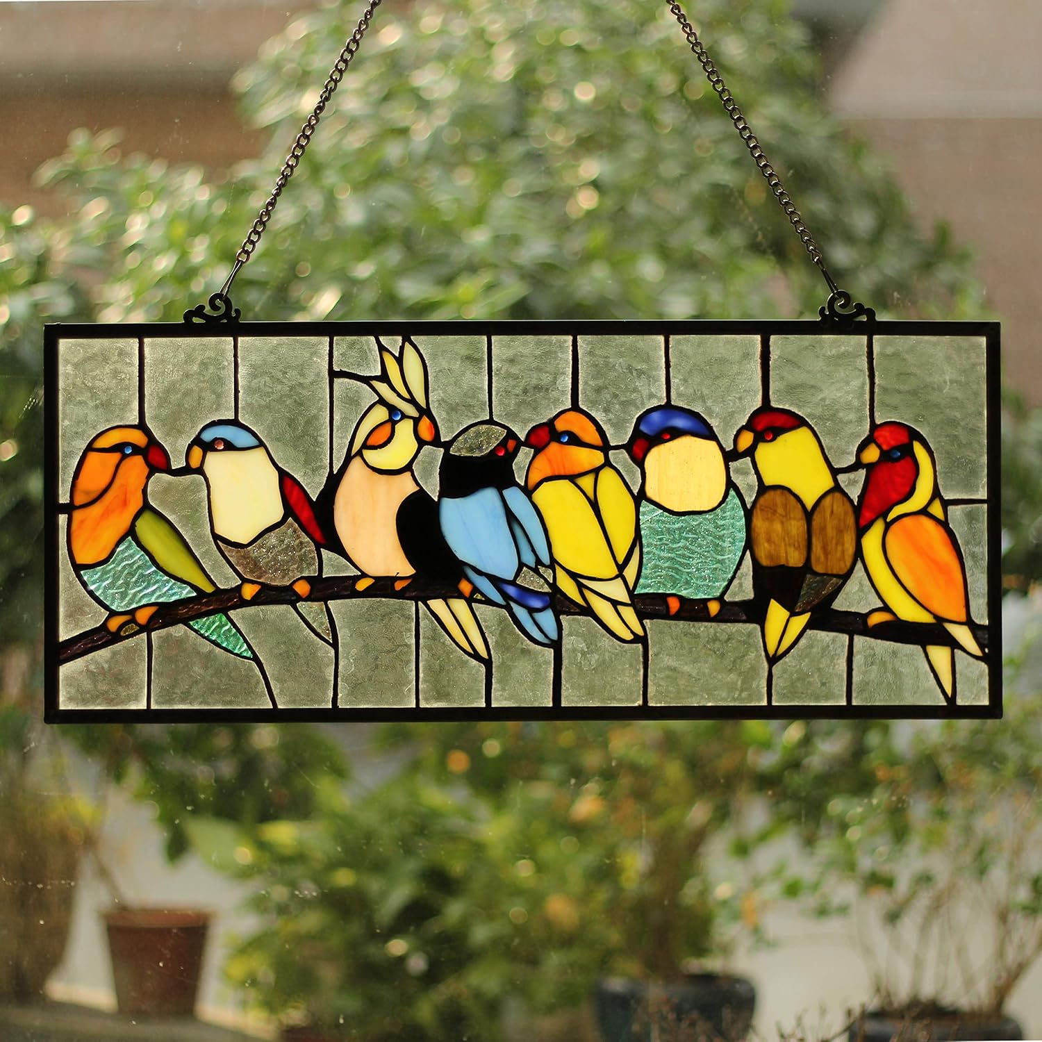 Tiffany-Glass Featuring Birds Window Panel 25.5x10.5