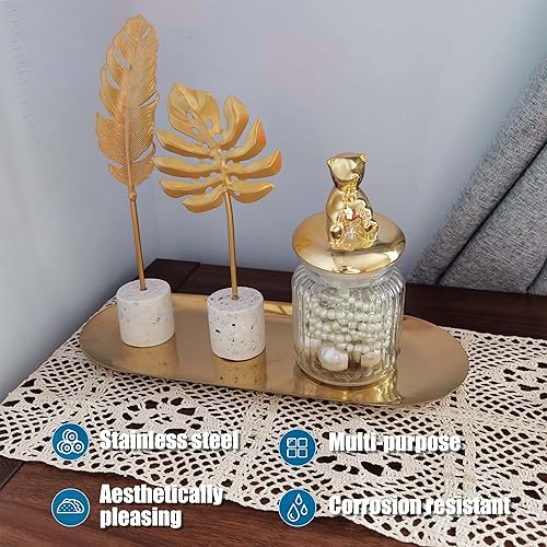 Miniatura 3 de Bandeja dorada de acero inoxidable, bandeja decorativa de tocador, platos de almacenamiento de toallas ovaladas de metal, platos organizadores de