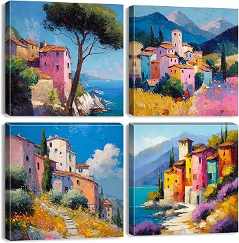 Abstract Coastal Wall Art Beach Seaside Canvas Prints for Bathroom Nature Landscape Painting Poster Colorful Mediterranean Pictures Modern Seascape Artwork for Bedroom Home Decorations 12x12" 4Pcs