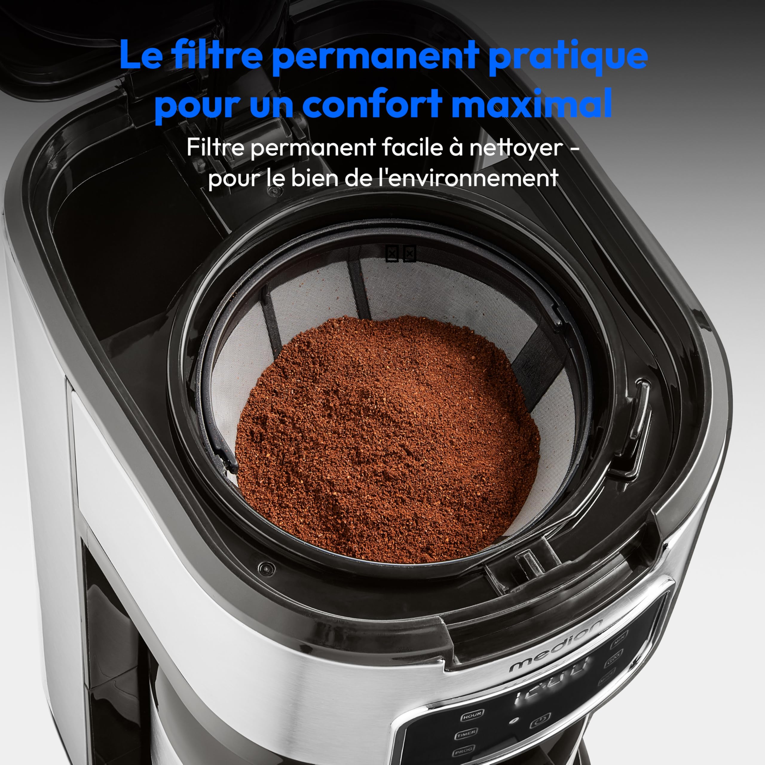 MEDION Machine à café avec thermos et minuterie (machine à café filtre, 10 tasses, 1,25 litre, 900 watts, minuterie, anti-goutte, écran, MD11019) acier inoxydable