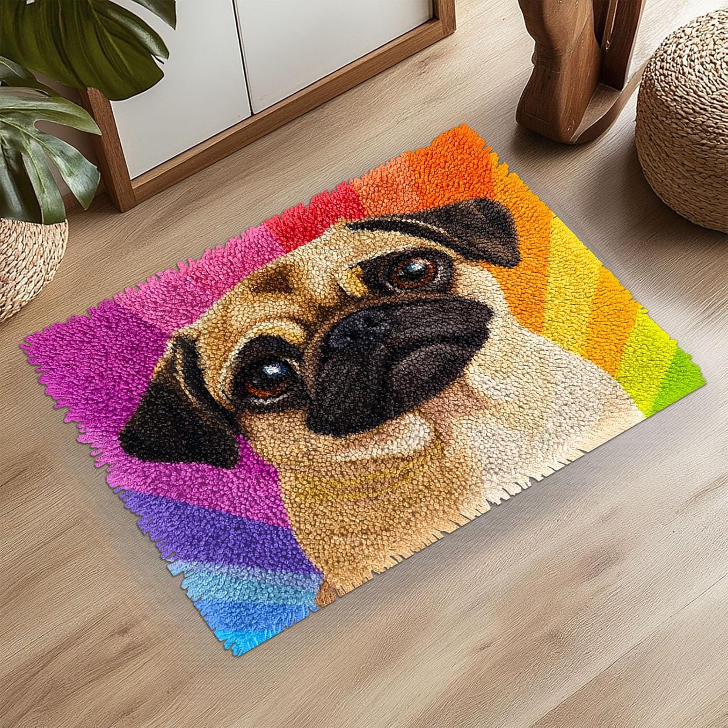 Latch Hook Rug Kit for Adults Pug Dog with Rainbow Background Pre-Printed Handmade Carpet Crochet Yarn Craft DIY Hook and Latch Door Mat Tapestry Home Floor Decoration 60x40cm-3
