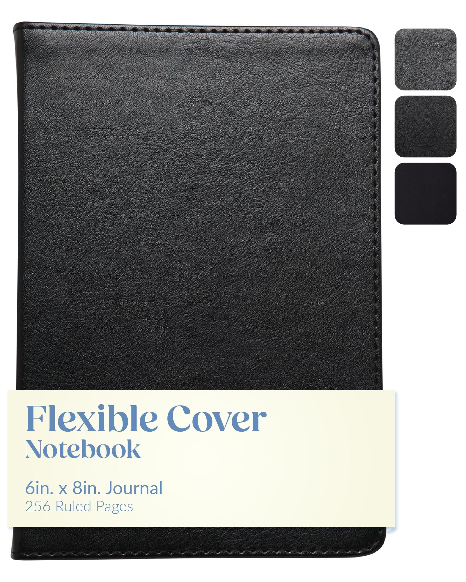 WORLD TRAVELER Journal Notebook - Large Simply Black Lined Flexible Faux Leather With Lined Ivory Pages Lay Flat Notebook with Ribbon Bookmark, Size 6X8, Black 6X8