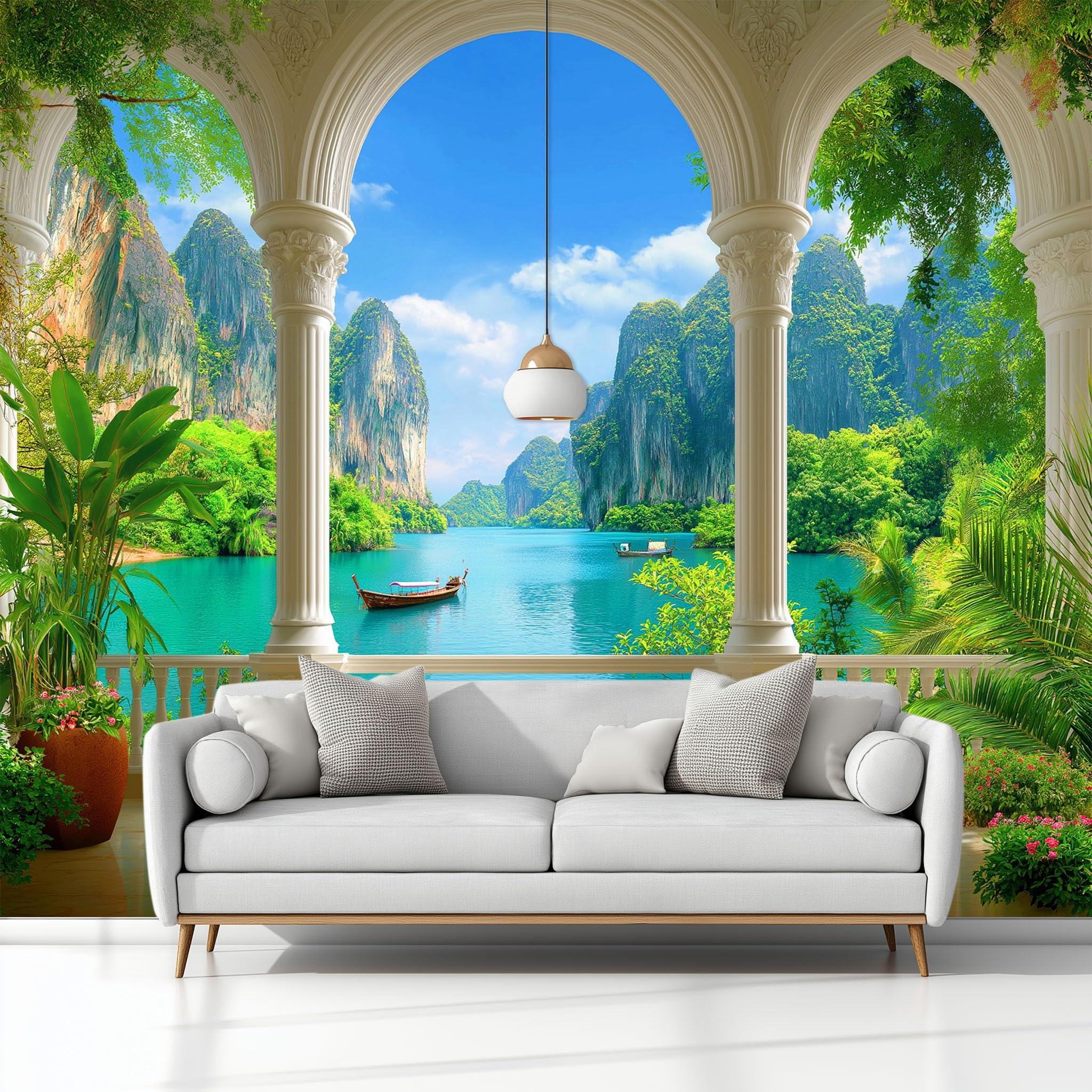 Panoramiczna tapeta w stylu morskim w stylu śródziemnomorskim, natura, krajobraz, 250 x 175 cm, olbrzymi plakat ścienny z włókniny, efekt 3D Trompe l'oko, dekoracja do salonu, pokoju dziecięcego i