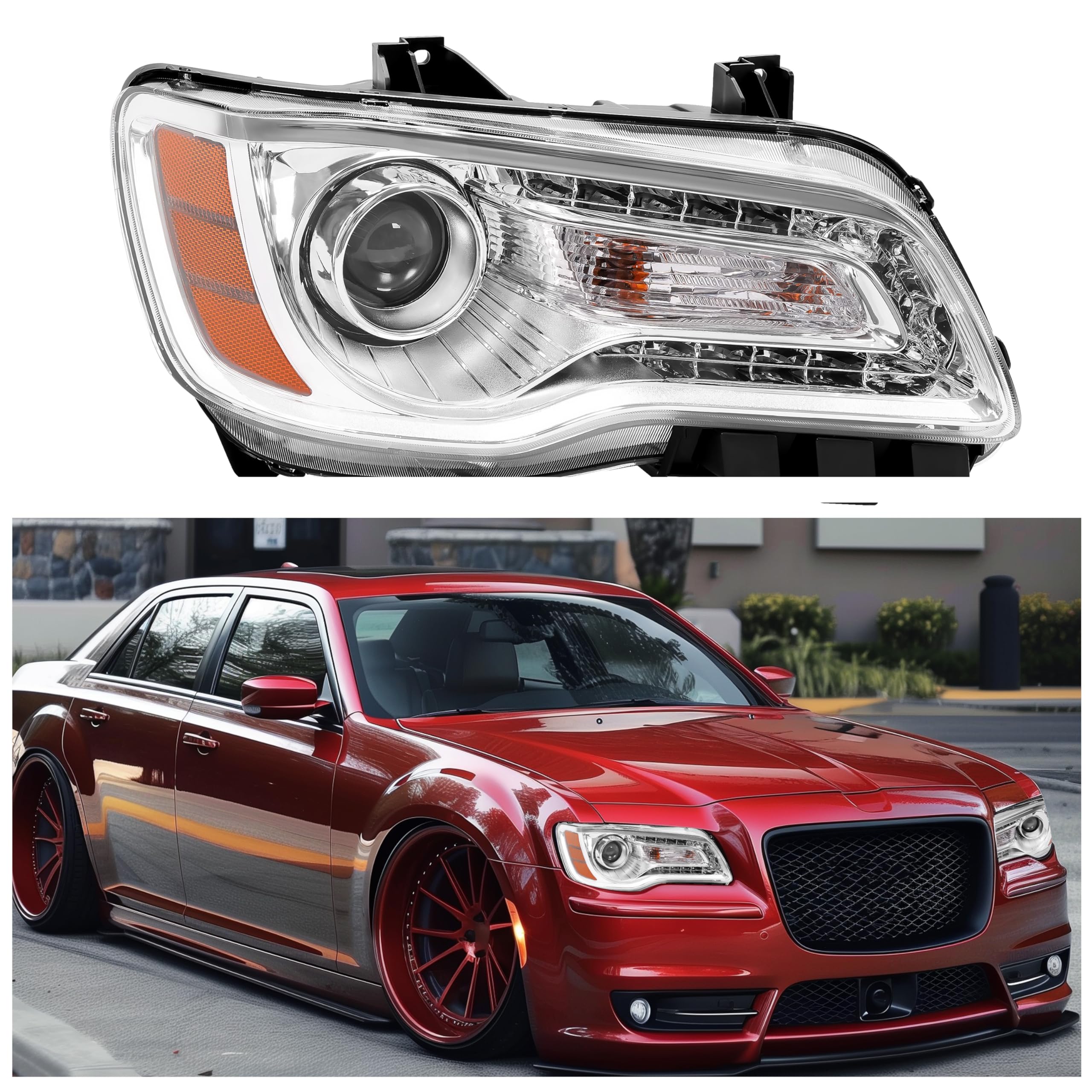 HECASA Right Headlight Compatible with 2011-2023 Chrysler 300 Halogen Headlamp Replacement for CH2503235 68085416AF-PFM w/Bulb Clear Lens + Chrome
