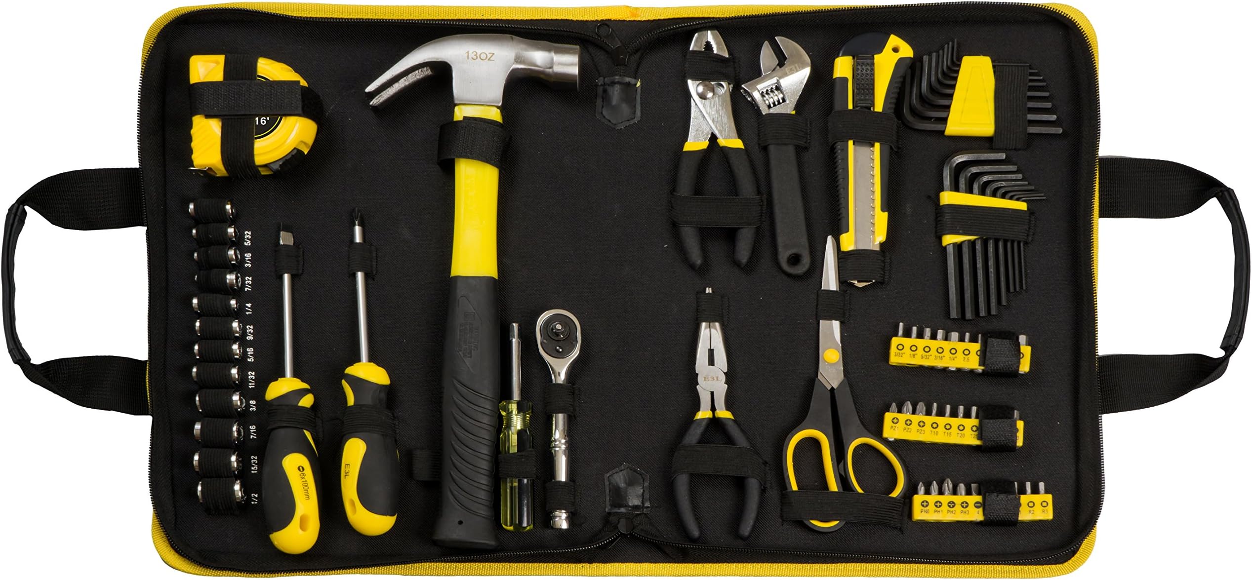 69 pcs Mechanics Tool Set Homeowner Tool Kit General Tool Kit 1/4" Ratchet Wrench SAE/Metric Socket Bits with Storage Bag