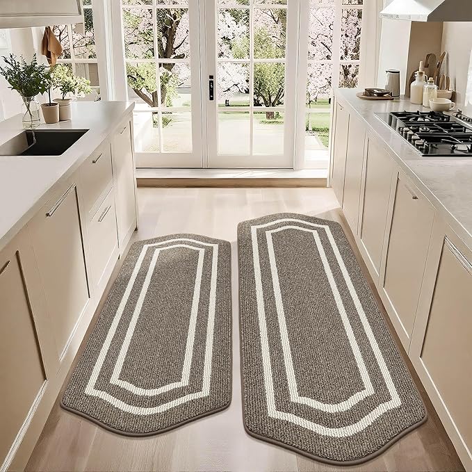 COSY HOMEER Long Kitchen Floor Mats for in Front of Sink Super Absorbent Kitchen Rugs and Mats 24"x48"+24"x59"Non-Skid Kitchen Mat Standing Mat Washable,Polypropylene,Brown,Frame