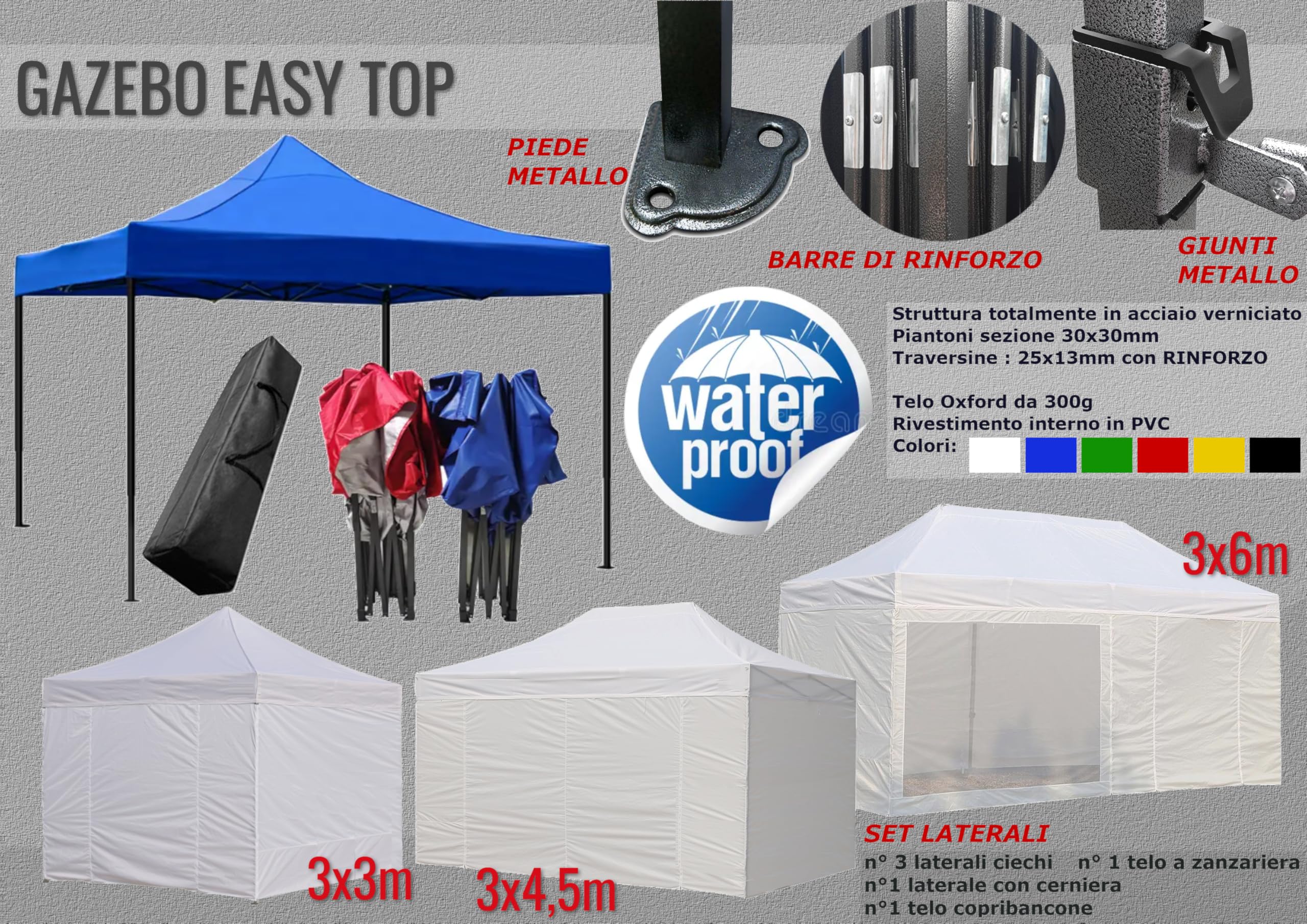 Gazebo pieghevole acciaio portatile, Bianco, 3x4,5m