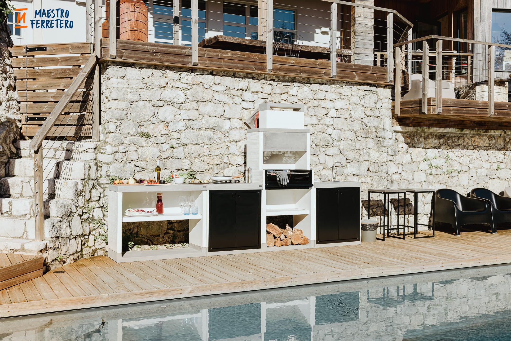 TUOZI - Barbacoa de Obra para Leña y Carbón Modelo VENIT FLEX PLUS HOTTE [F] (Gris/Blanco - 78 x 47 x 197 cm) REF: T00131 - Uso en Exteriores
