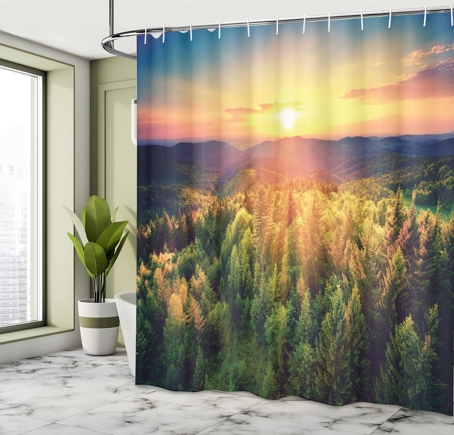Ambesonne Landscape Shower Curtain, Aerial of Scenic Sunset Over Forest Hills with Dramatic Colors in Horizon Print, Cloth Fabric Bathroom Decor Set with Hooks, 69" W x 70" L, Multicolor