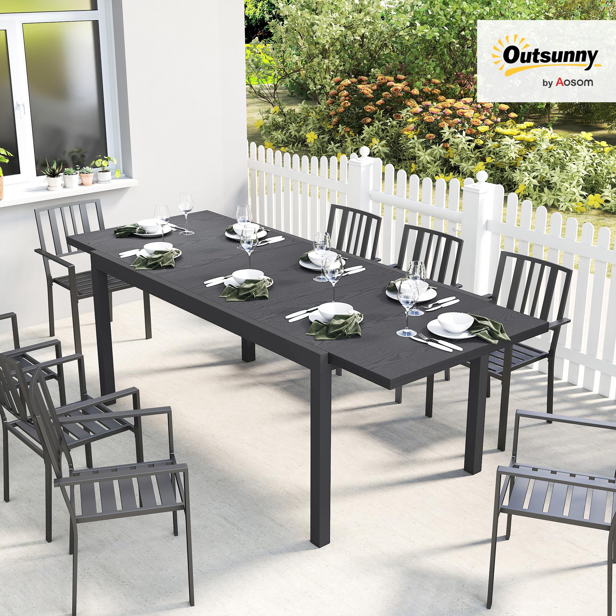 Outsunny Tavolo da giardino allungabile 154-214 cm, piano in alluminio effetto legno, tavolo da pranzo esterno robusto con gambe regolabili, mobili da terrazza 8-10 persone, grigio antracite