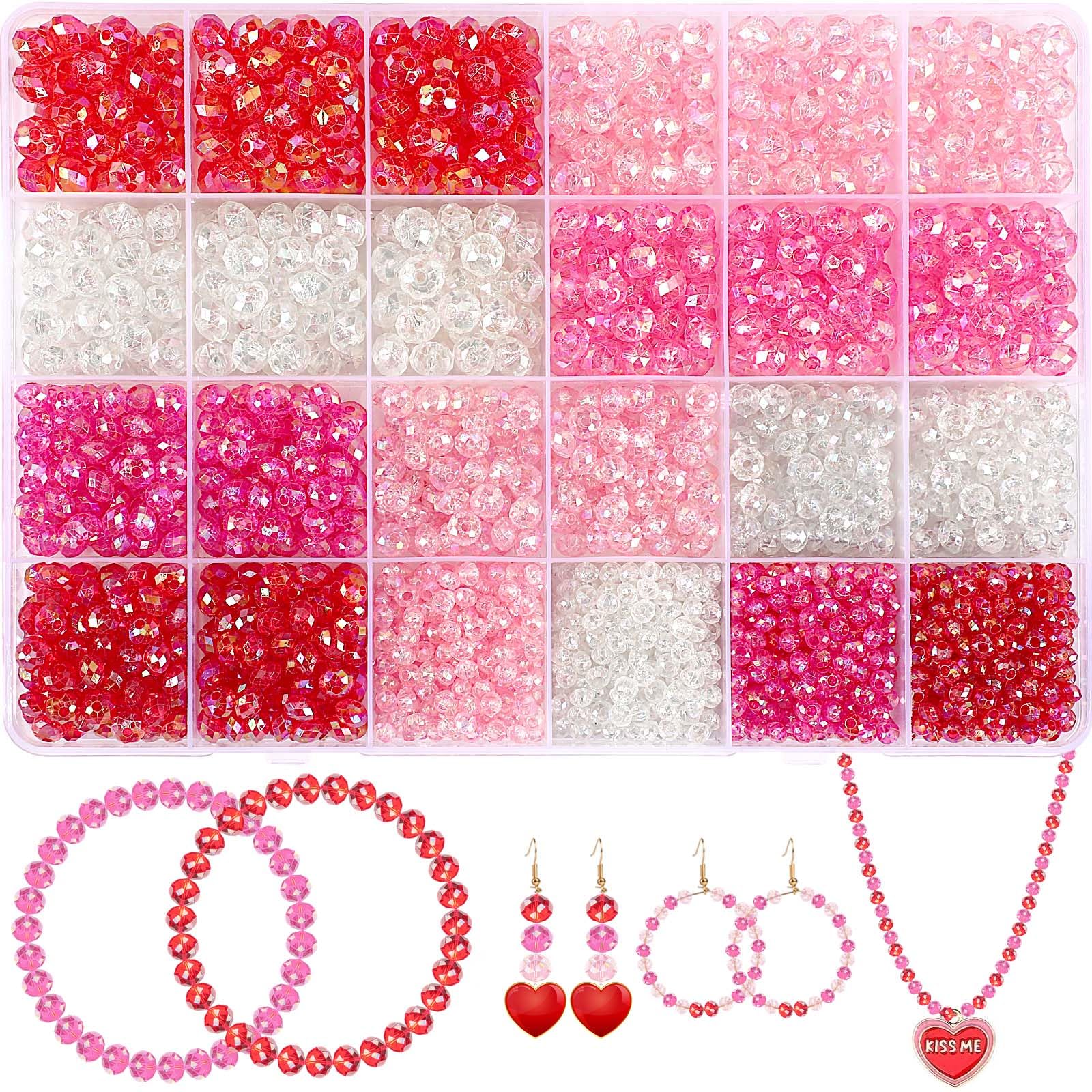DECYOOL Valentine's Day Beads - 1560pcs Acrylic Crystal Loose Spacers Craft Beads for Valentines Bracelet Jewelry Making Supplies, 4mm 6mm 8mm (Pink,