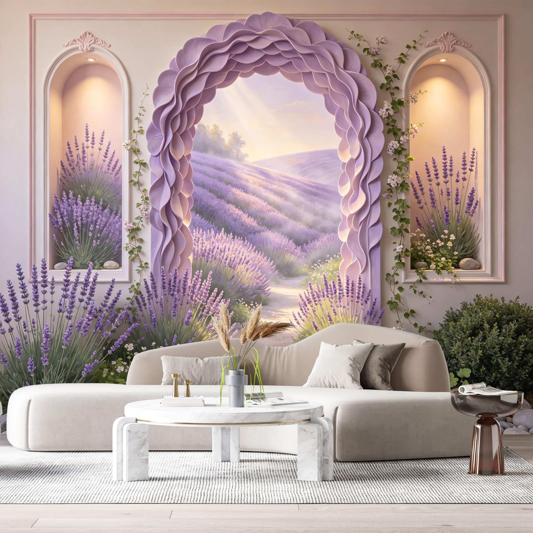 Custom Size Wall Murals Lavender Flower Field Archway Landscape 3D Trompe L'Oeil SelfAdhesiveWall Fabric Removable Wallpaper Wall Decor for Living Room Bedroom Bathroom