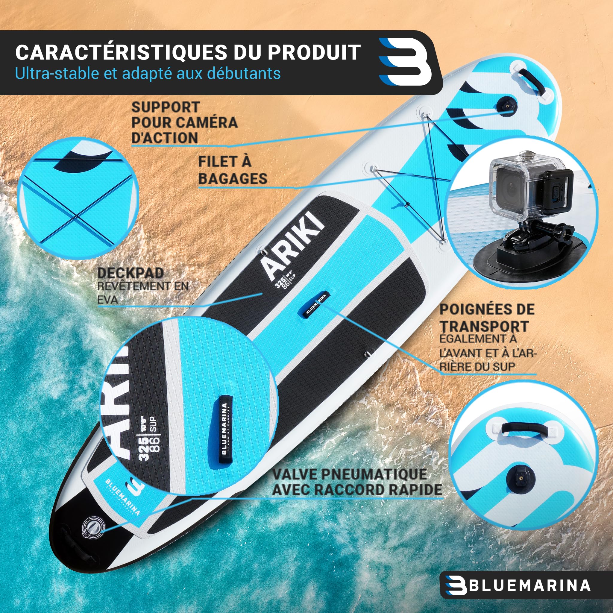 Bluemarina Planche de Stand Up Paddle Ariki Gonflable - Garantie DE 5 Ans - capacité de Charge jusqu'à 140 kg - Accessoires Inclus - 230x65x10 cm - 325x86x15 cm