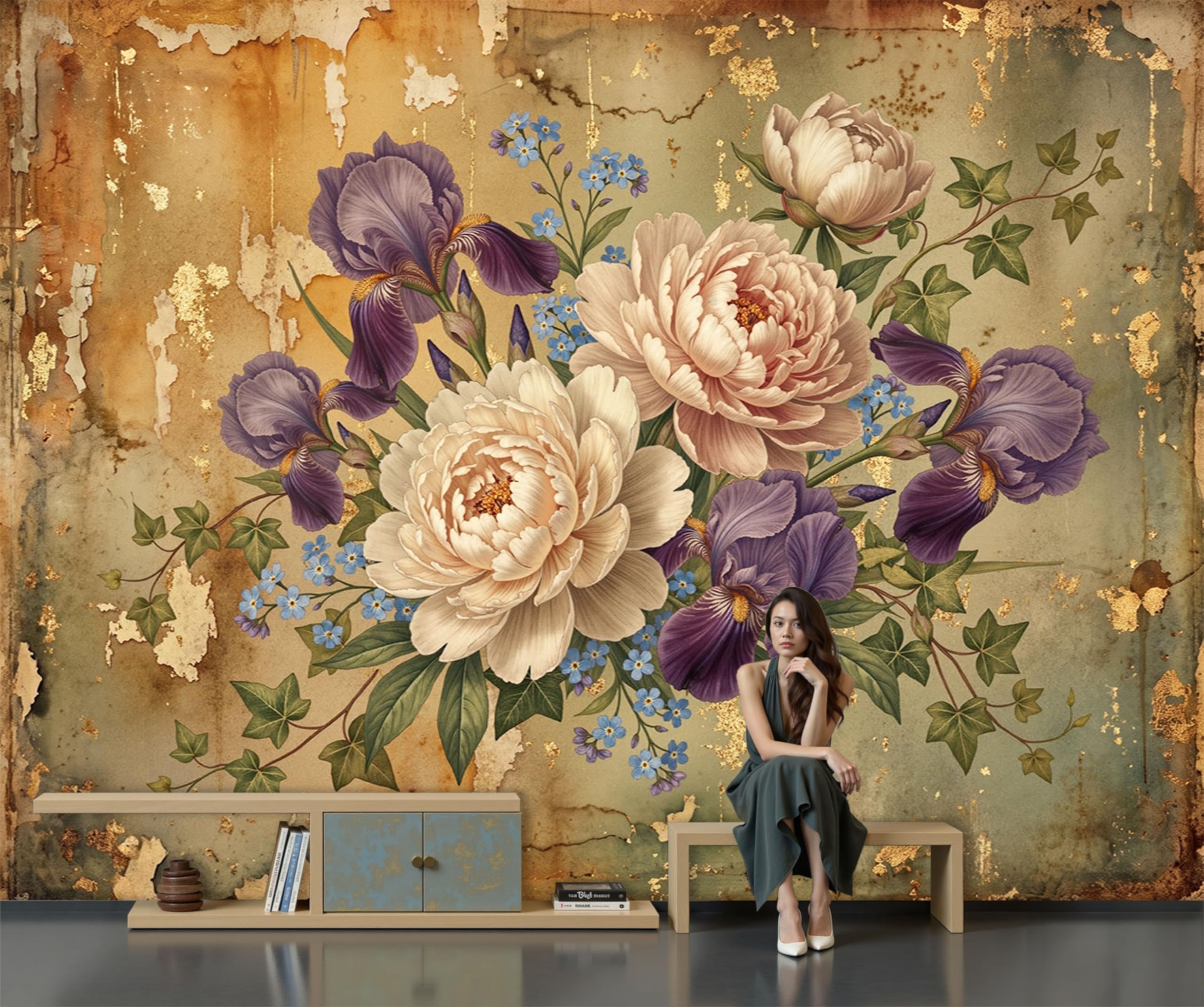 Carta Da Parati Floreale retrò, Moda XXL Design Peonia Edera Fotomurali in Seta 250x175cm Moderna Decorazione da Parete per Camera da Letto Soggiorno Marrone