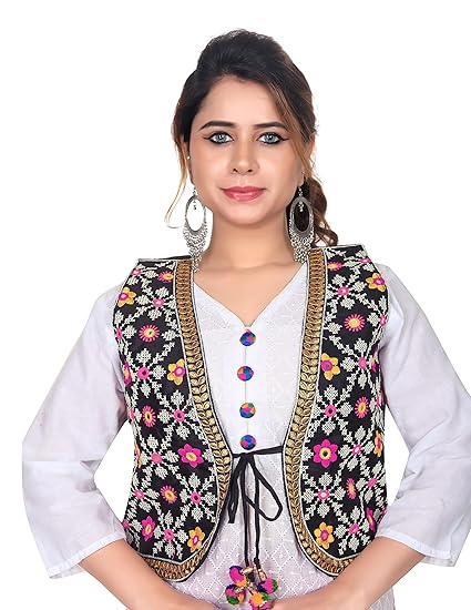 Shivam Fashion Women's Ethnic Jacket Waist Coat Stylish Cotton Handmade Navratri Traditional Rajasthani Embroidered Jacket for Women (Black)