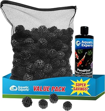 Aquatic Experts Bio Balls 1.5" 300-Count in a 14" x 20" Mesh Bag + PondFirst 500 mL Value Pack