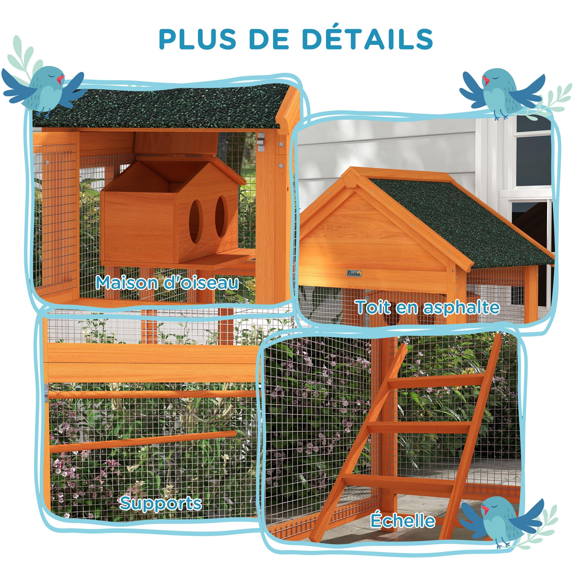 PawHut Gabbia per Uccelli in Legno, Gabbia per pappagalli, Parco Giochi, voliera per Uccelli Esterni, Tetto Asfalto Impermeabile, per parrocchetta, calopsitte, Conure, canarini, 92 x 52 x 171 cm