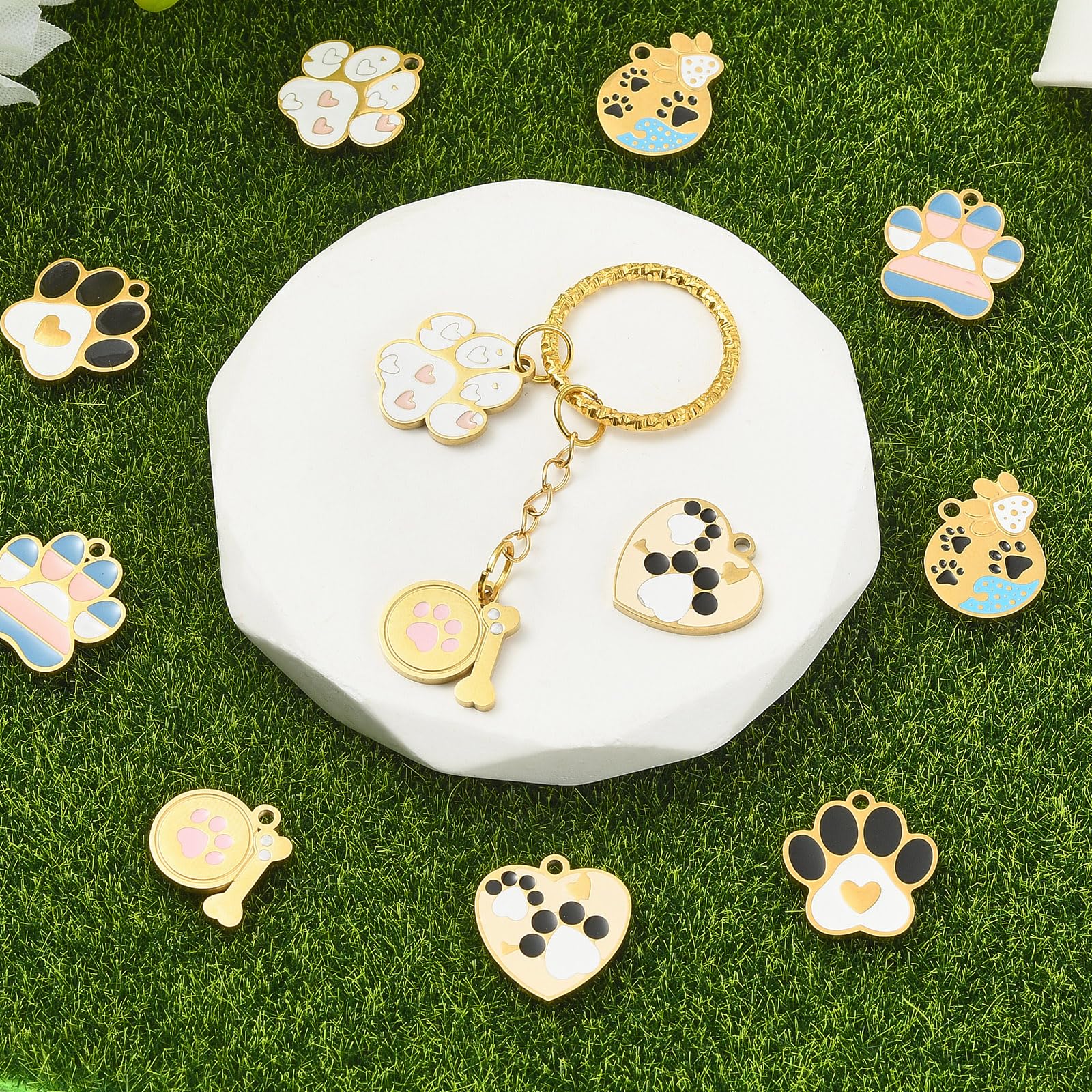 Set di 12 ciondoli a forma di zampa, per braccialetti in acciaio inox, colorati con stampa di zampe di cane, in metallo smaltato, per la creazione di gioielli, orecchini, bracciali e