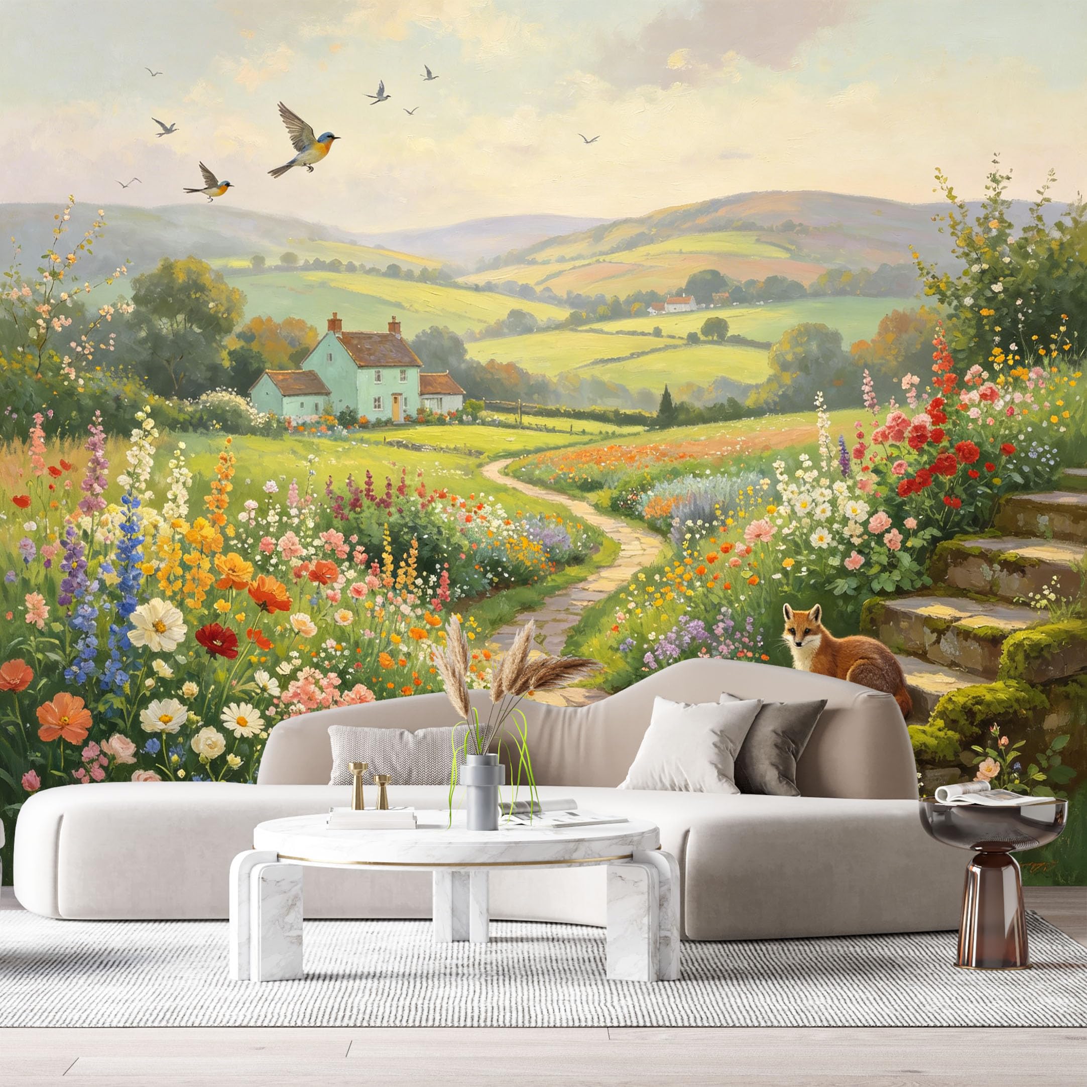 Custom Size Wall Murals Farmhouse American Country Oil Painting Wildflower Meadow Cottage Fox SelfAdhesive Wall Fabric Removable Large Wallpaper for Photo Living Room