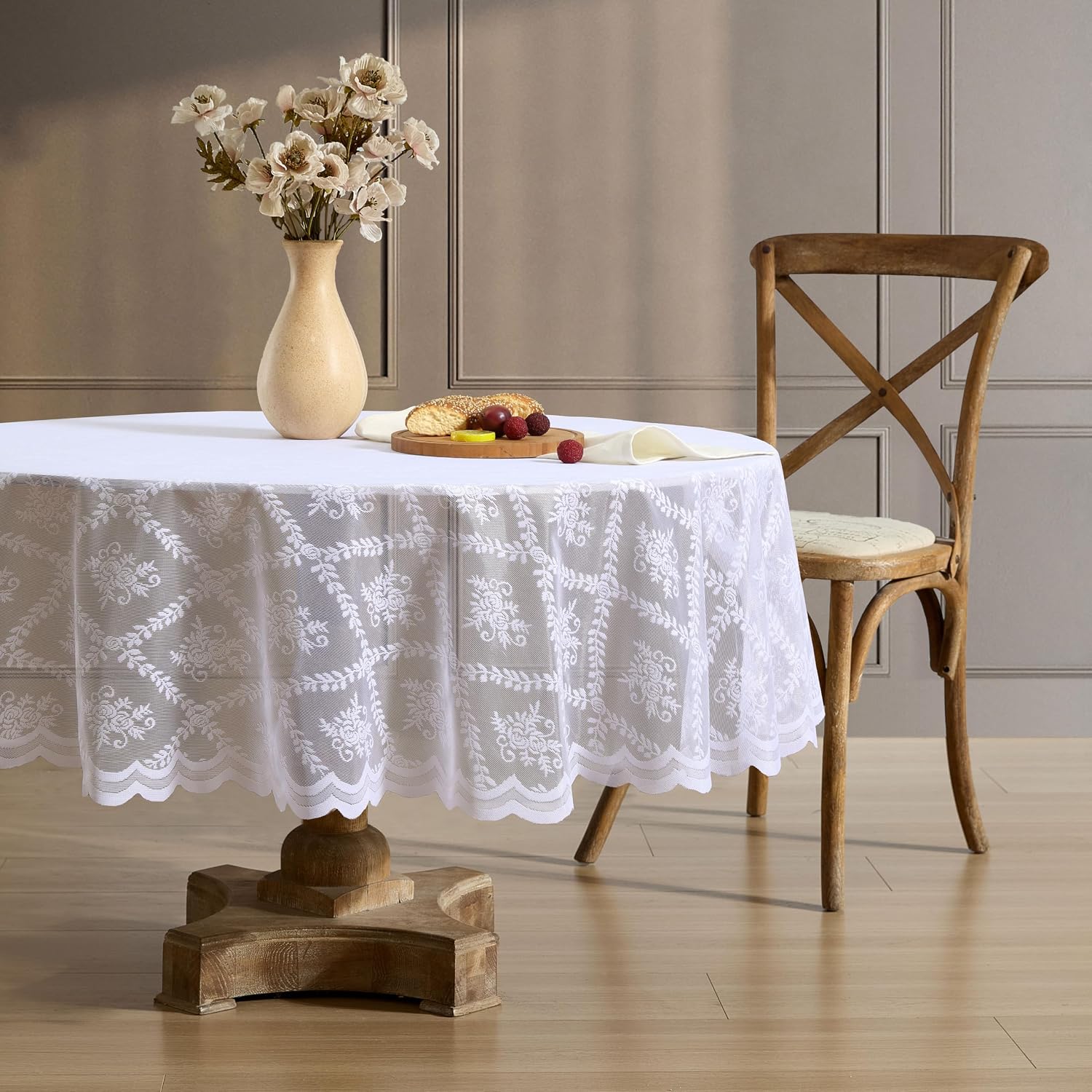 HLC.ME Isabella Floral Lace Tablecloth, Lace Fabric Table Cloth for Rectangle Tables, Wrinkle Resistant Tablecloth, Patterned Scalloped Tablecloth (60 W x 84 L, Linen Taupe)