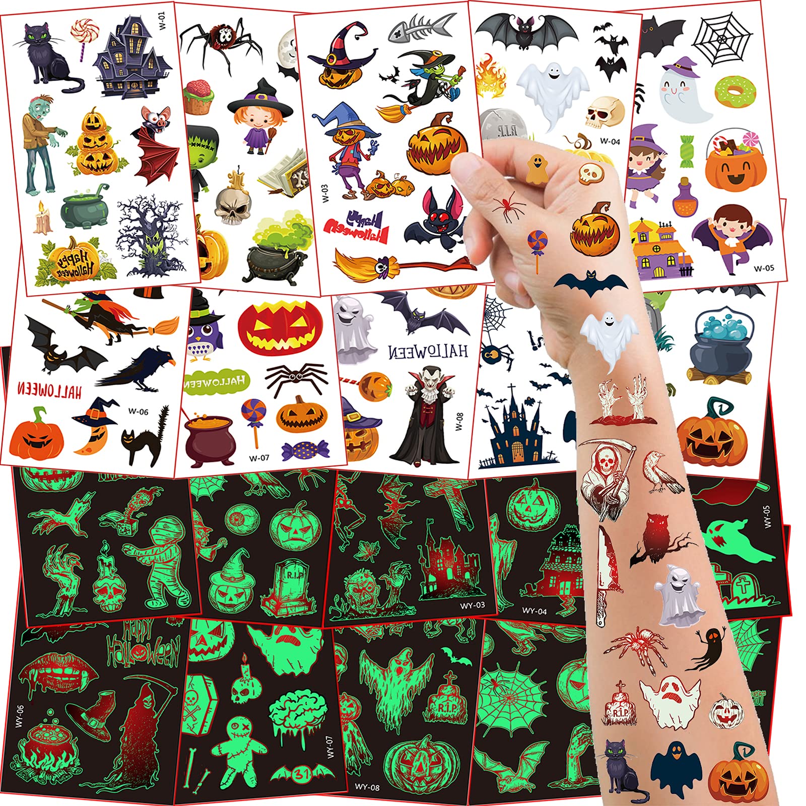 Tatouages Temporaires Halloween Lumineux - 20 Feuilles, Motifs Citrouille, Fantôme, Squelette | Pour Fête, Déguisement, Décoration