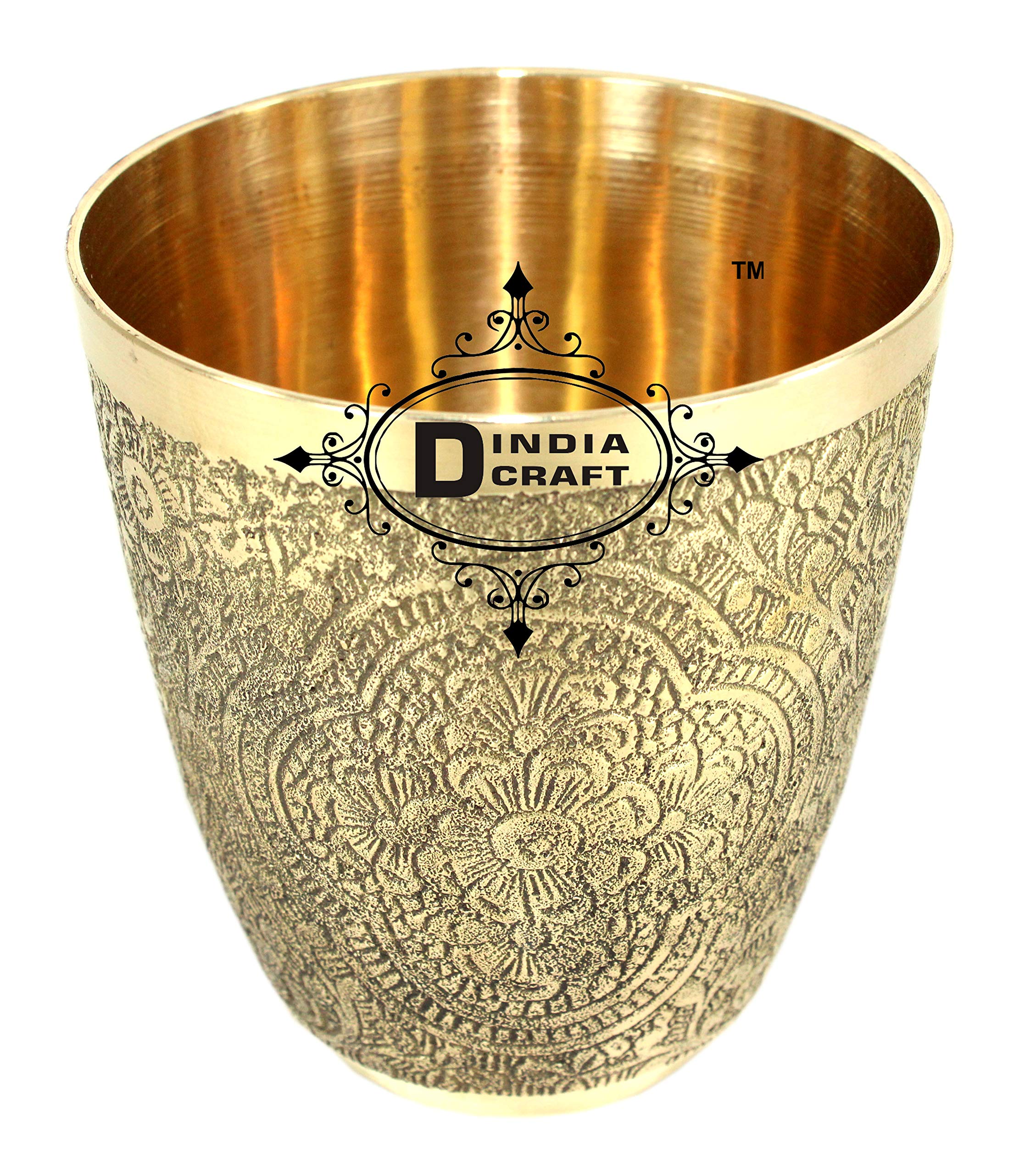D INDIA CRAFT Brass Glass Tumbler Flower Embossed Design DRINKWARE SERVEWARE Gift Decorative Item 280 ML Gold