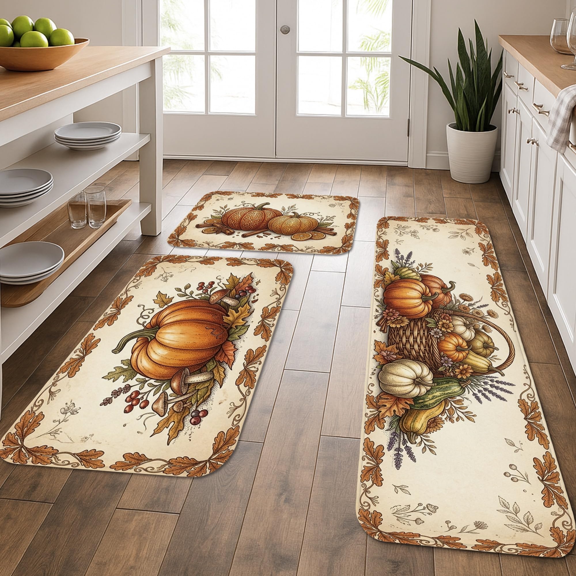 Tapis de cuisine rustiques épais orange automne tapis de sol lavable lot de 3 pièces