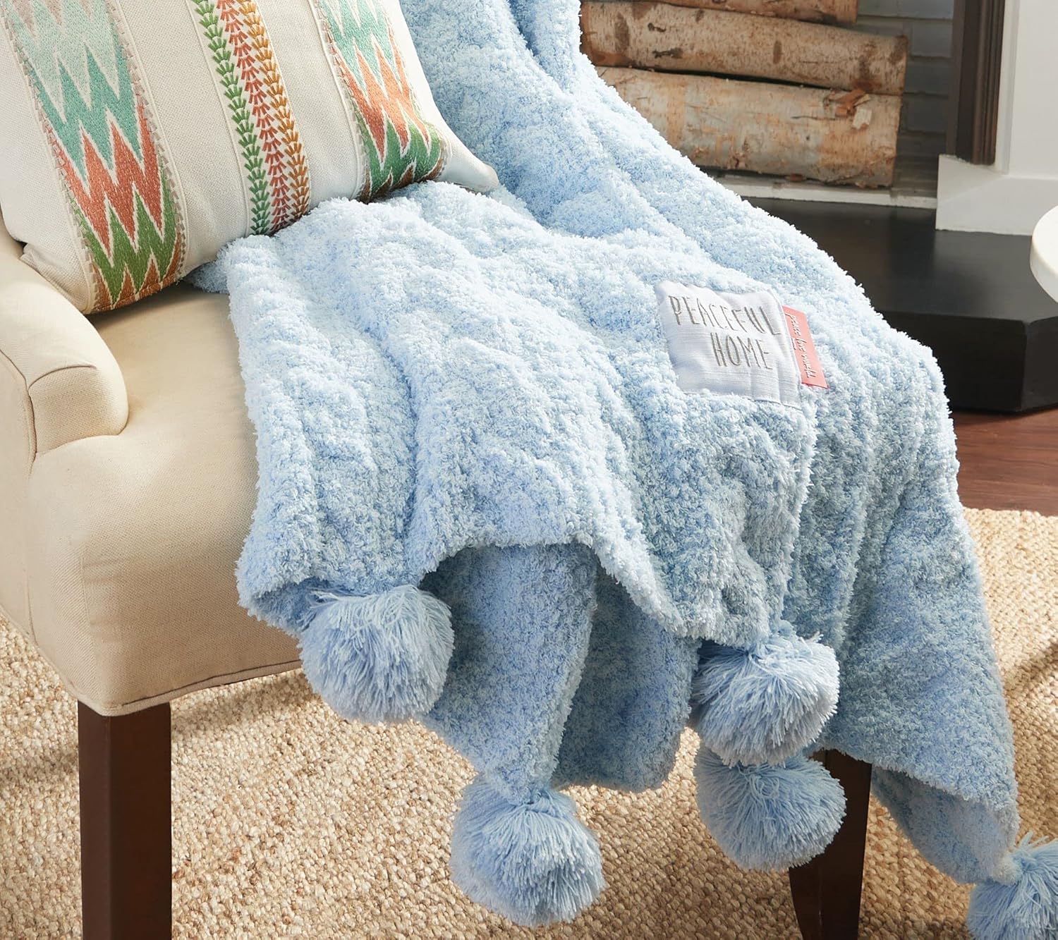 Peace Love World 60" x 70" Plush Cable Knit Throw with Pom