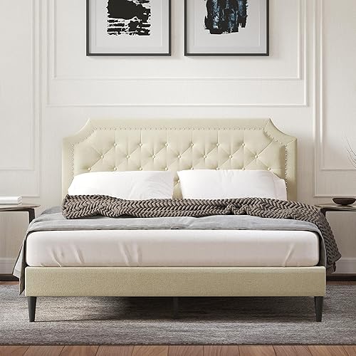 Miniatura 1 de Glenwillow Home Curta - Base de cama tapizada con tapizado con clavos recortados con botones, base de colchón, sin somier, fácil montaje, color