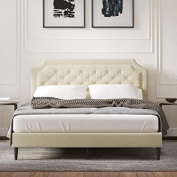 Glenwillow Home Curta Upholstered Platform Bed Frame/Clipped Nailhead Trim with Button Tufting/Mattress Foundation/No Box Spring Needed/Easy Assembly, Beige, Queen